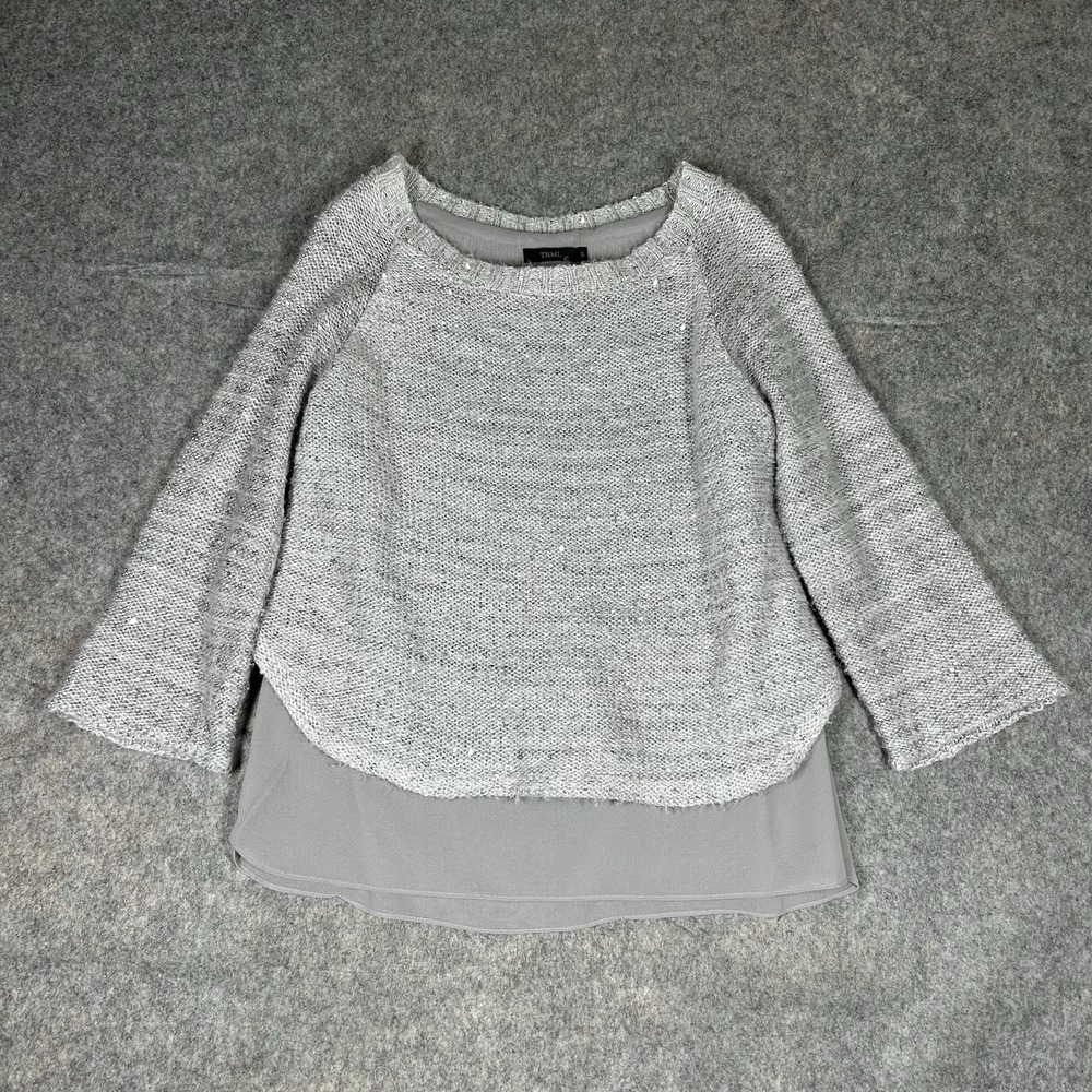 THML Sweater Womens Small Gray Knit Sequin Pullover Chiffon Underlay Buttons